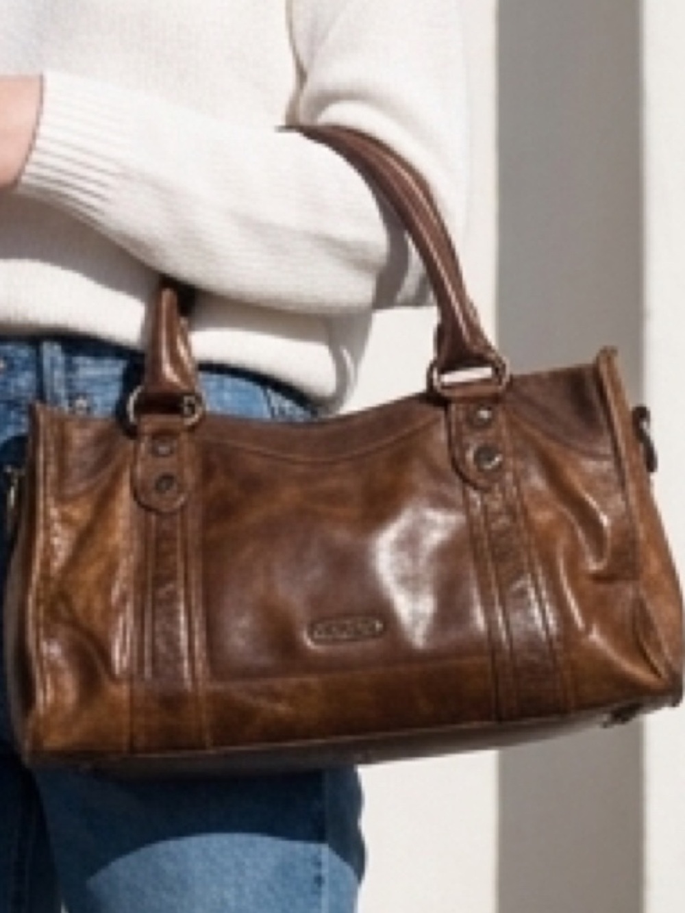 Frye leather Melissa satchel distressed in the color cognac